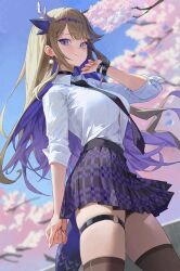 Rule 34 | 1girl, airi kanna, black choker, black necktie, black skirt, blue eyes, blue hair, blue sky, blurry, blurry background, blush, branch, brown hair, button gap, buttons, cherry blossoms, choker, clenched hand, closed mouth, collared shirt, colored inner hair, day, drop earrings, earrings, eyelashes, facial tattoo, floating hair, hand up, happy, highres, horns, jewelry, looking at viewer, m.q (mqkyrie), multicolored hair, necktie, outdoors, pleated skirt, pom pom (clothes), pom pom earrings, purple horns, school uniform, shirt, sidelocks, skindentation, skirt, sky, smile, solo, spring (season), standing, stellive, streaked hair, striped clothes, striped skirt, tattoo, thigh strap, thighhighs, tree, uniform, white shirt, wind, wristband