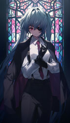 Rule 34 | 1girl, absurdres, aqua hair, black gloves, black jacket, black pants, breasts, closed mouth, collared shirt, commentary, cowboy shot, eyepatch, glass, gloves, hair between eyes, hands up, hatsune miku, highres, jacket, jacket on shoulders, long hair, long sleeves, looking at viewer, necktie, pants, red eyes, red necktie, shirt, small breasts, solo, stained glass, suit jacket, suspenders, twintails, vocaloid, white shirt, zhong chai