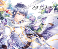 Rule 34 | 1boy, arm guards, belt, black gloves, black hair, blue eyes, buckle, character name, coat, copyright name, earrings, fingerless gloves, floral background, flower, gem, gloves, heterochromia, holding, holding staff, hydrangea, jewelry, looking at viewer, luminous (maplestory), male focus, maplestory, necklace, pants, parted lips, pendant, petals, purple flower, red eyes, scarf, silverbin, smile, snowflakes, solo, staff, tassel, white coat, white pants, white scarf