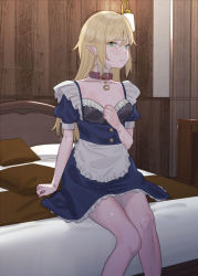 Rule 34 | 1girl, apron, bed, blonde hair, blush, breasts, collar, elf, green eyes, indoors, long hair, looking at viewer, maid apron, original, pillow, pointy ears, sitting, solo, subachi, sweat