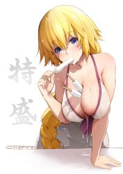 Rule 34 | 1girl, 2018, arm support, bare shoulders, between breasts, blonde hair, blush, braid, breasts, cleavage, cosplay, dated, dress, dress swimsuit, fate/apocrypha, fate/grand order, fate (series), food, food between breasts, food in mouth, jeanne d&#039;arc (fate), jeanne d&#039;arc (ruler) (fate), large breasts, leaning forward, long braid, long hair, looking at viewer, mash kyrielight, mash kyrielight (cosplay), mash kyrielight (swimsuit of perpetual summer), melting, messy, mine (wizard), official alternate costume, one-piece swimsuit, popsicle, purple eyes, simple background, single braid, sleeveless, sleeveless dress, solo, sparkle, swimsuit, twitter username, very long hair, wet, white background, white one-piece swimsuit