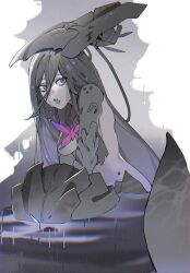 Rule 34 | 1girl, bags under eyes, black hair, breast curtains, corrupted twitter file, hair between eyes, highres, lamia (punishing: gray raven), long hair, mechanical arms, mechanical tail, mermaid, monster girl, open mouth, partially submerged, punishing: gray raven, purple eyes, ringed eyes, solid circle pupils, tail, tongue, two-tone eyes, very long hair, wet, yongsadragon