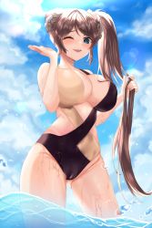 Rule 34 | 1girl, ;d, absurdres, black one-piece swimsuit, blue eyes, blush, breasts, brown hair, cameltoe, contrapposto, day, groin, hair bun, hands up, highres, holding, holding hair, huge filesize, large breasts, lens flare, long hair, one-piece swimsuit, one eye closed, open mouth, original, outdoors, pucohiiiii, side ponytail, single hair bun, smile, standing, sunlight, swimsuit, wading, water, water drop, wet