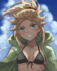 Rule 34 | 1girl, bad id, bad twitter id, blonde hair, blue sky, braid, breasts, fate/apocrypha, fate (series), french braid, green eyes, green jacket, grin, highres, jacket, long hair, long sleeves, looking at viewer, mordred (fate), mordred (fate/apocrypha), open clothes, open jacket, parted bangs, ponytail, sidelocks, sky, small breasts, smile, solo, tonee