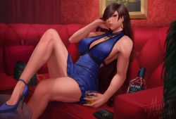 Rule 34 | 1girl, absurdres, alcohol, bag, bare legs, black hair, blue dress, bottle, bow, bowtie, breasts, cleavage, couch, crescent, crescent earrings, cup, dress, drinking glass, earrings, final fantasy, final fantasy vii, final fantasy vii remake, hair over one eye, handbag, high heels, highres, jewelry, looking at viewer, meister staze, official alternate costume, pumps, shoes, short dress, sitting, sleeveless, sleeveless dress, smile, solo, square enix, stiletto heels, thighs, tifa lockhart, tifa lockhart (refined dress), toned, wall market, wallet