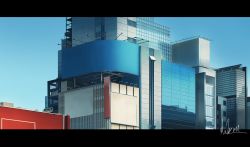 Rule 34 | absurdres, blue sky, building, city, cityscape, commentary request, hakuurei amano, highres, letterboxed, no humans, original, outdoors, reflection, scenery, sky