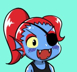 Rule 34 | &gt;:d, 1girl, :d, aqua background, bad id, bad pixiv id, blue skin, blush, chibi, colored sclera, colored skin, eyepatch, eyeshadow, fangs, gyate gyate, lowres, makeup, monster, monster girl, open mouth, ponytail, portrait, red hair, simple background, smile, solo, tank top, undertale, undyne, upper body, v-shaped eyebrows, yaruky, yellow sclera