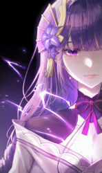 Rule 34 | 1girl, absurdres, bagya, blunt bangs, bow, bowtie, breasts, cleavage, commentary request, genshin impact, hair ornament, highres, japanese clothes, kimono, lightning, long hair, long sleeves, looking at viewer, medium breasts, purple eyes, purple hair, raiden shogun, red bow, red bowtie, sidelocks, simple background, solo