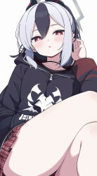 Rule 34 | 1girl, absurdres, ass, black hair, black horns, black jacket, blue archive, blush, breasts, bright pupils, demon horns, grey halo, hair between eyes, halo, highres, hiroikara (smhong04), hood, hooded jacket, horns, jacket, kayoko (blue archive), long hair, long sleeves, looking at viewer, multicolored hair, parted lips, pleated skirt, ponytail, red eyes, red skirt, simple background, skirt, small breasts, solo, thighs, white background, white hair, white pupils