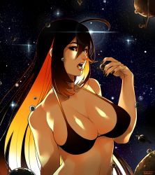 Rule 34 | 1girl, absurdres, ahoge, bare shoulders, bikini, bikini top only, black bikini, black hair, black hole, black sclera, blackhole-chan, breasts, cleavage, colored sclera, commentary, english commentary, hair between eyes, halterneck, highres, large breasts, long hair, m87 black hole, multicolored hair, nail polish, open mouth, orange eyes, original, personification, planet, solo, space, star (sky), star (symbol), swimsuit, thefarelo, universe, very long hair