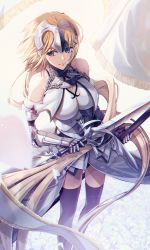 Rule 34 | 1girl, absurdres, armor, armored dress, banner, battle standard, black thighhighs, blonde hair, blue eyes, breast curtains, breasts, chain, cuirass, dann32, detached sleeves, fate/grand order, fate (series), field, flag, flower, flower field, from above, gauntlets, headpiece, highres, holding, holding flag, holding sword, holding weapon, huge filesize, jeanne d&#039;arc (fate), jeanne d&#039;arc (ruler) (fate), jeanne d&#039;arc (third ascension) (fate), long hair, looking to the side, smile, solo, standing, sword, thighhighs, war flag, weapon, white armor