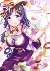 Rule 34 | 1girl, absurdres, bad id, bad pixiv id, birthday, breasts, cake, character name, commentary request, cupcake, dated, depe, english text, food, green eyes, hair ornament, happy birthday, hat, highres, large breasts, looking at viewer, love live!, love live! school idol festival, love live! school idol project, purple hair, signature, solo, sweets, teapot, tojo nozomi, unworn hair ornament