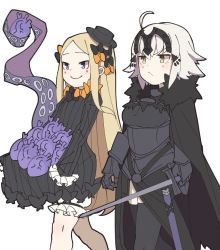 Rule 34 | 2girls, abigail williams (fate), ahoge, armor, armored dress, black bow, black dress, black hat, blonde hair, bloomers, blue eyes, blush, bow, breasts, brown eyes, bug, butterfly, closed mouth, dress, fate/apocrypha, fate/grand order, fate (series), forehead, hair between eyes, hair bow, hat, headpiece, heart (organ), holding, holding sword, holding weapon, insect, jeanne d&#039;arc (fate), jeanne d&#039;arc alter (avenger) (fate), jeanne d&#039;arc alter (avenger) (first ascension) (fate), jeanne d&#039;arc alter (fate), long hair, long sleeves, medium breasts, michihasu, multiple girls, orange bow, parted bangs, polka dot, polka dot bow, sheath, short hair, silver hair, simple background, skirt basket, sleeves past fingers, sleeves past wrists, smile, suction cups, sword, tentacles, underwear, unsheathed, v-shaped eyebrows, very long hair, weapon, white background, white bloomers