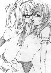 Rule 34 | 2boys, androgynous, choker, collarbone, crossdressing, detached sleeves, french kiss, glasses, greyscale, handjob, kiss, long hair, male focus, monochrome, multiple boys, mushi024, nipples, penis, ribbon, saliva, short twintails, tongue, tongue out, twintails, yaoi
