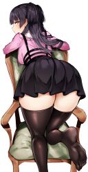 Rule 34 | 1girl, absurdres, agetama, ass, black hair, black skirt, black thighhighs, blush, breasts, feet, highres, idolmaster, idolmaster shiny colors, kneeling, leaning on object, long hair, looking at viewer, looking back, mayuzumi fuyuko, medium breasts, no shoes, on chair, pink shirt, profile, shirt, simple background, skirt, soles, solo, suspender skirt, suspenders, thighhighs, white background, zettai ryouiki