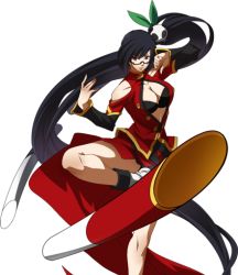 Rule 34 | 1girl, arc system works, bare shoulders, black hair, blazblue, blazblue: calamity trigger, breasts, center opening, china dress, chinese clothes, cleavage, dress, fighting stance, glasses, hair ornament, lao jiu, large breasts, leg up, legs, lips, litchi faye ling, long hair, official art, panda, ponytail, solo, staff, standing, standing on one leg, thighs, transparent background, very long hair