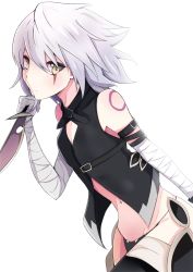 Rule 34 | 1girl, bandaged arm, bandaged hand, bandages, bare shoulders, black thighhighs, enelis, fate/apocrypha, fate (series), holding, holding knife, holding weapon, jack the ripper (fate/apocrypha), knife, navel, simple background, sleeveless, solo, thighhighs, weapon, white background