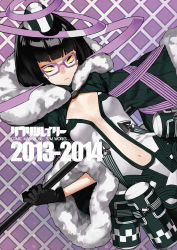Rule 34 | 1girl, 2013, 2014, 92m, black gloves, black hair, bob cut, breasts, canister, closed mouth, eyeshadow, floating, floating headgear, fur trim, glasses, gloves, hat, headgear, holding, holding staff, makeup, navel, original, patterned, patterned background, short hair, small breasts, solo, staff, upper body, white hat, yellow eyes