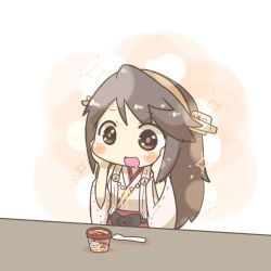 Rule 34 | 10s, 1girl, blush, blush stickers, brown eyes, brown hair, drooling, food, hairband, hands on own face, haruna (kancolle), ice cream, inishie, kantai collection, long hair, nontraditional miko, open mouth, smile, solo, sparkle, spoon
