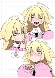 Rule 34 | 1girl, ahoge, blonde hair, blush, closed mouth, facing viewer, fangs, fingers together, food, highres, ice cream, index fingers together, j.k., long hair, long sleeves, looking away, open mouth, original, pink eyes, sketch, smile, solo, teeth, thinking, thought bubble, upper teeth only