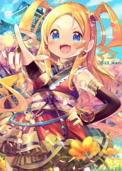 Rule 34 | 1girl, :d, bare shoulders, blonde hair, blue eyes, blue sky, blurry, blurry foreground, blush, breasts, bridal gauntlets, building, cloud, commentary request, day, depth of field, field, fingernails, flower, flower field, forehead, hair ornament, hand on own hip, highres, ikari (aor3507), japanese clothes, kimono, long hair, nail polish, obi, open mouth, original, outdoors, outstretched arm, parted bangs, pointing, red kimono, red nails, sash, sky, sleeveless, sleeveless kimono, small breasts, smile, solo, standing, tree, twitter username, two side up, v-shaped eyebrows, very long hair, yellow flower