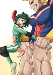 Rule 34 | 10s, 2boys, abs, age difference, all might, anal, anus, arm grab, ass, ass juice, blonde hair, bodysuit, boku no hero academia, bottomless, cum, cum in ass, ejaculation, erection, freckles, gloves, green eyes, green hair, grin, happy, height difference, large insertion, large penis, leg up, looking at another, looking back, lovenessm, male focus, male penetrated, matching hair/eyes, midoriya izuku, multiple boys, muscular, navel, open mouth, pectorals, penis, sex, shoes, size difference, smile, standing, standing sex, teacher and student, teeth, testicles, tongue, torn clothes, uncensored, yagi toshinori, yaoi