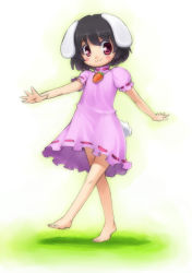 Rule 34 | 1girl, :3, animal ears, bad id, bad pixiv id, barefoot, black hair, carrot, child, dress, feet, female focus, full body, gradient background, inaba tewi, kanno, rabbit ears, red eyes, short hair, sketch, smile, solo, standing, tail, touhou, walking, white background