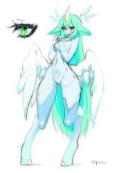 Rule 34 | 1girl, alternate costume, alternate hair color, animal, animal ears, artist name, bodysuit, breasts, closed mouth, eyelashes, feathered wings, green hair, hair ornament, highres, hooves, horns, large breasts, league of legends, long hair, low wings, navel, pfufu, pilot suit, pointy ears, shy, single horn, sketch, solo, soraka (league of legends), spread wings, standing, star guardian (league of legends), star guardian soraka, straight hair, unicorn girl, white background, white wings, wide hips, wings