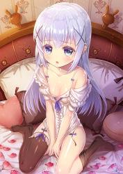 Rule 34 | 1girl, :o, between legs, blue bow, blue eyes, blue ribbon, blush, bow, bra, bra strap, breasts, center frills, cleavage, collarbone, eyebrows, flower, frills, from above, garter straps, gochuumon wa usagi desu ka?, hair ornament, hand between legs, heart, heart-shaped pupils, indoors, kafuu chino, kneehighs, long hair, looking at viewer, loose thighhigh, no pants, no shoes, off shoulder, on bed, panties, patori, petals, pillow, puffy short sleeves, puffy sleeves, purple hair, red flower, ribbon, shirt, short sleeves, single thighhigh, sitting, small breasts, socks, solo, symbol-shaped pupils, thighhighs, underwear, wariza, white bra, white panties, white shirt, x hair ornament