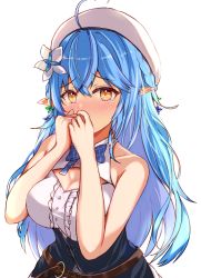 Rule 34 | 1girl, blue hair, blush, cleavage cutout, clothing cutout, crying, crying with eyes open, dress, elf, flower, hair flower, hair ornament, half updo, hat, hololive, long hair, looking at viewer, pointy ears, sabamiso (tomomon021831), solo, tearing up, tears, virtual youtuber, white flower, yellow eyes, yukihana lamy