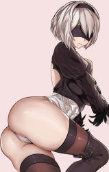 Rule 34 | 1girl, absurdres, ass, ass focus, back, blindfold, boots, breasts, cetta (cettadvd), covered eyes, dress, from behind, hair ribbon, hairband, high heels, highres, large breasts, legs together, leotard, mole, mole under mouth, nier (series), nier:automata, ribbon, short hair, simple background, thick thighs, thigh boots, thighhighs, thighs, white dress, white hair, 2b (nier:automata)