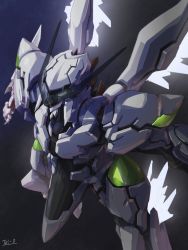 Rule 34 | artist name, black background, flying, highres, idolo, looking up, mecha, no humans, orbital frame (zone of the enders), robot, science fiction, solo, tei-o, thrusters, visor, white eyes, zone of the enders, zone of the enders: 2167 idolo