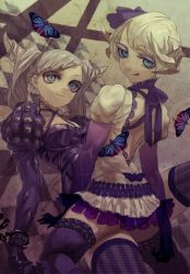 Rule 34 | bad id, bad pixiv id, blonde hair, blue eyes, bug, butterfly, insect, looking at viewer, mole, multiple girls, sitting, sitting on lap, sitting on person, thighhighs, tomono rui, zettai ryouiki