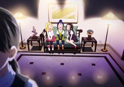 Rule 34 | 2c=galore, 4girls, :d, ^ ^, aged down, black hair, blonde hair, blue pants, blunt bangs, blush, boots, brown footwear, child, closed eyes, commentary request, couch, dress, hair bun, kurosawa dia, lamp, layered sleeves, long hair, long sleeves, love live!, love live! sunshine!!, matsuura kanan, multiple girls, ohara mari, open mouth, out of frame, overall shorts, overalls, pants, pants under shorts, pantyhose, picture frame, pinafore dress, pink skirt, red footwear, sculpture, shirt, shoes, short over long sleeves, short sleeves, single hair bun, sitting, skirt, sleeveless dress, smile, textless version, white footwear, white shirt