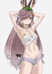 Rule 34 | 1girl, animal ears, armpits, arms behind head, arms up, bare arms, bare shoulders, bikini, breasts, brown eyes, collarbone, commentary, cowboy shot, crescent, crescent hair ornament, european hare (kemono friends), extra ears, gradient hair, grey background, grey hair, hair ornament, hair over one eye, highres, jewelry, kemono friends, long hair, looking at viewer, multicolored hair, navel, necklace, one eye covered, rabbit ears, rabbit girl, rabbit tail, simple background, small breasts, solo, star (symbol), star hair ornament, stomach, sweatdrop, swept bangs, swimsuit, tail, tanabe (fueisei), very long hair, wavy mouth, white hair