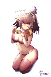 Rule 34 | 10s, 1girl, animal print, artist name, bad id, bad pixiv id, bikini, black hair, blonde hair, blush, bra, breasts, brown eyes, closed mouth, collarbone, full body, grey hair, highres, holding, holding clothes, holding panties, holding underwear, kemono friends, large breasts, multicolored hair, nose blush, panties, shoebill (kemono friends), signature, solo, suou-sensei, swimsuit, thighhighs, tiger print, translated, underwear, underwear only