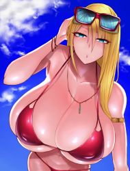 Rule 34 | 1girl, absurdres, bare shoulders, bikini, blonde eyebrows, blonde hair, blue-tinted eyewear, blue crystal (module), blue eyes, blue sky, bracelet, breasts, bursting breasts, cleavage, close-up, cloud, cloudy sky, collarbone, covered erect nipples, cowboy shot, crystal, day, dot nose, eyebrows, eyebrows hidden by hair, eyelashes, eyes visible through hair, eyewear on head, female focus, glasses, glasses lift, glasses on head, hair over breasts, hair over face, hair over one breast, hair over one eye, hair over shoulder, hand on own head, highres, huge breasts, huge nipples, impossible clothes, impossible swimsuit, jewelry, leaning, leaning forward, long hair, looking at viewer, makeup, mascara, metroid, micro bikini, micro bikini top, navel, necklace, nintendo, nipples, open mouth, outdoors, puffy nipples, red-framed eyewear, red bikini, revealing clothes, samus aran, shiny, shiny clothes, shiny hair, shiny skin, skindentation, sky, solo, string bikini, sunglasses, sunglasses on head, swimsuit, tinted eyewear, undersized clothes, wolffeld price