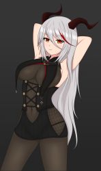 Rule 34 | 1girl, absurdres, aegir (azur lane), arms behind head, azur lane, black background, black dress, black pantyhose, bodystocking, breasts, closed mouth, covered armpit, covered navel, covering privates, covering breasts, demon horns, dress, feet out of frame, fnzz, highres, horns, large breasts, long hair, looking at viewer, multicolored hair, orange eyes, pantyhose, silver hair, smile, solo, standing