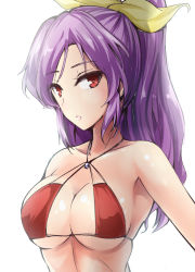 Rule 34 | 1girl, alternate costume, armpits, bikini, bow, breasts, cleavage, collarbone, commentary request, hair bow, halterneck, highres, large breasts, long hair, looking at viewer, micro bikini, parted lips, ponytail, purple hair, red bikini, red eyes, shiny skin, solo, swimsuit, touhou, underboob, upper body, watatsuki no yorihime, white background, y2, yellow bow