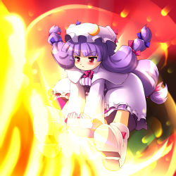 Rule 34 | 1girl, blush, female focus, hair ribbon, hat, highres, long hair, patchouli knowledge, purple hair, red eyes, ribbon, shoes, solo, tdk, touhou