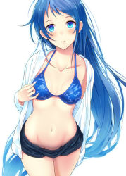 Rule 34 | 1girl, bad id, bad pixiv id, bikini, bikini top only, black shorts, blue bikini, blue eyes, blue hair, breasts, collarbone, cowboy shot, gradient hair, groin, highres, jacket, kanden sky, kantai collection, long hair, looking at viewer, multicolored hair, navel, open clothes, open jacket, samidare (kancolle), shorts, simple background, small breasts, solo, standing, swept bangs, swimsuit, very long hair, white background, white jacket