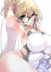 Rule 34 | 1girl, absurdres, alternate hairstyle, arm behind back, arm support, arm up, armpits, bare arms, bare shoulders, bespectacled, black-framed eyewear, blonde hair, blue eyes, blush, breasts, collarbone, commentary request, competition swimsuit, eyelashes, fate/grand order, fate (series), glasses, groin, hair between eyes, hand on own head, highres, jacket, jeanne d&#039;arc (fate), jeanne d&#039;arc (ruler) (fate), jeanne d&#039;arc (swimsuit archer) (fate), jeanne d&#039;arc (swimsuit archer) (second ascension) (fate), kobo (cobo 0609), large breasts, long hair, looking at viewer, lying, mouth hold, multicolored clothes, multicolored swimsuit, off shoulder, on side, one-piece swimsuit, ponytail, sidelocks, simple background, skin tight, skindentation, solo, sweat, swimsuit, two-tone swimsuit, very long hair, whistle, whistle around neck, white background, white jacket, white one-piece swimsuit