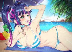 Rule 34 | 1girl, ball, beach, beach towel, beach umbrella, beachball, bikini, blue hair, breasts, candy, collarbone, darkmoney, day, food, green eyes, highres, large breasts, lips, lipstick, lollipop, looking at viewer, lying, makeup, multicolored hair, navel, ocean, on side, open mouth, outdoors, panty &amp; stocking with garterbelt, pink hair, purple lips, sky, solo, stocking (psg), striped bikini, striped clothes, swimsuit, teeth, towel, twintails, two-tone hair, umbrella, upper teeth only, water