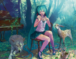 Rule 34 | 1girl, aqua eyes, aqua hair, bare shoulders, camisole, chair, chipmunk, deer, grand piano, hatsune miku, high heels, instrument, jewelry, legs, long hair, nature, necklace, outdoors, piano, reise, shoes, sitting, skirt, solo, squirrel, tree, very long hair, vocaloid, wolf