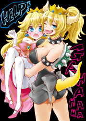 Rule 34 | 2girls, armlet, ass, bare shoulders, black background, blonde hair, blue eyes, blush, bowsette, breasts, carrying, choker, cleavage, crown, dress, english text, fangs, horns, laughing, leotard, leotard under clothes, looking at viewer, mario (series), multiple girls, new super mario bros. u deluxe, nintendo, one eye closed, open mouth, pantyhose, pink dress, princess carry, princess peach, sash, shinogiri zun, spiked armlet, spiked choker, spiked tail, spikes, super crown, tail, text background, tongue, tongue out, wavy mouth, white legwear, yuri
