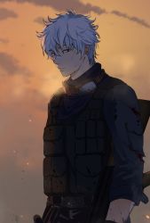 Rule 34 | 1boy, bad id, bad pixiv id, blood, blood on clothes, gintama, gun, hair between eyes, holding, holding gun, holding weapon, loli bushi, looking at viewer, male focus, military, military uniform, parted lips, red eyes, rifle, sakata gintoki, silver hair, solo, standing, torn clothes, uniform, upper body, weapon