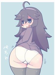 Rule 34 | 1girl, @ @, ahoge, ass, black dress, black hair, black thighhighs, blue eyes, blush, breasts, clothes lift, creatures (company), dress, dress lift, game freak, hairband, hex maniac (pokemon), highres, huge ass, large breasts, long hair, long sleeves, looking at viewer, looking back, naughty face, nintendo, ooyama bokuchi, open mouth, panties, pokemon, pokemon xy, purple hair, smile, thick thighs, thighhighs, thighs, underwear, white panties, wide hips