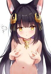 1girl ? absurdres animal_ears azur_lane black_hair blush breasts brown_hair chinese_commentary commentary_request completely_nude fox_ears fox_girl from_above grabbing_own_breast hair_between_eyes hamiro hands_up highres hip_focus long_hair looking_at_viewer looking_up nagato_(azur_lane) nail_polish navel nipples nude parted_lips petite revision simple_background small_breasts solo triangle_mouth very_long_hair white_background yellow_eyes yellow_nails