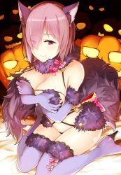 Rule 34 | 1girl, animal ears, bed sheet, blush, boots, breasts, cleavage, closed mouth, covering privates, covering chest, elbow gloves, eyes visible through hair, fate/grand order, fate (series), fur-trimmed gloves, fur-trimmed legwear, fur collar, fur trim, gloves, hair over one eye, halloween, halloween costume, high heel boots, high heels, jack-o&#039;-lantern, kusano houki, lace, lace-trimmed legwear, lace trim, large breasts, leaning forward, looking at viewer, mash kyrielight, mash kyrielight (dangerous beast), o-ring, o-ring top, official alternate costume, purple eyes, purple footwear, purple gloves, purple hair, purple thighhighs, short hair, sitting, smile, solo, tail, thigh boots, thighhighs, thighs, tsurime, wariza, wolf ears, wolf tail