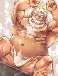 Rule 34 | 1boy, armpits, arms up, bara, beard, belly, bombom, bulge, character request, covered penis, facial hair, fat, fat man, feet out of frame, full beard, hairy, highres, live a hero, looking at viewer, male focus, mature male, muscular, muscular male, navel, nipples, old, old man, sauna, short hair, sitting, solo, steam, stomach, thick beard, thick chest hair, thick eyebrows, thick navel hair, topless male, wet towel